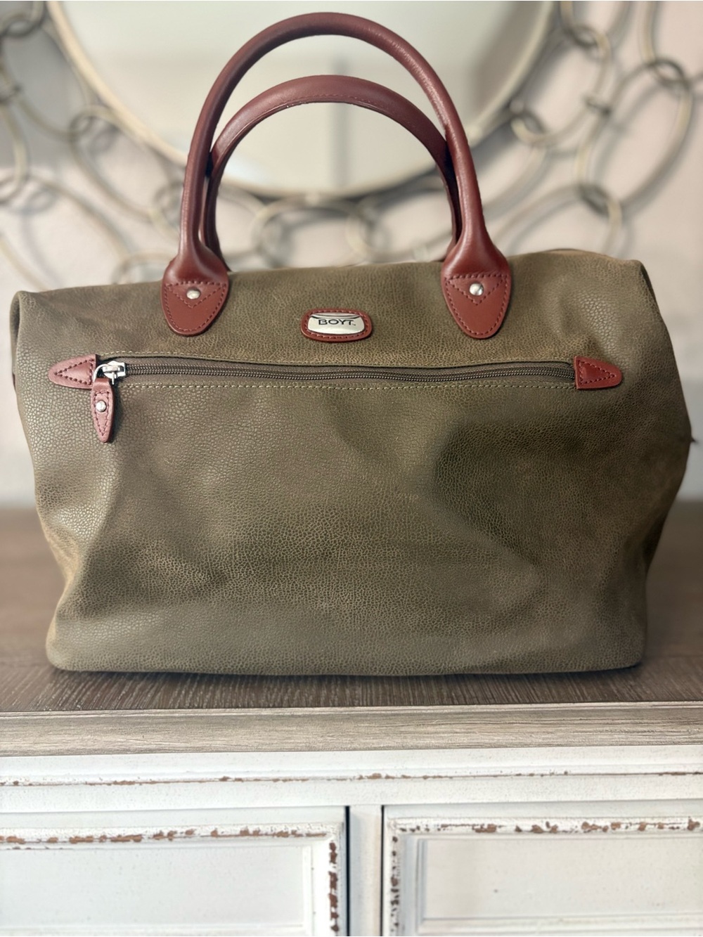 BOYT Vintage Olive Green Weekender Duffel Travel Bag Brown Trim